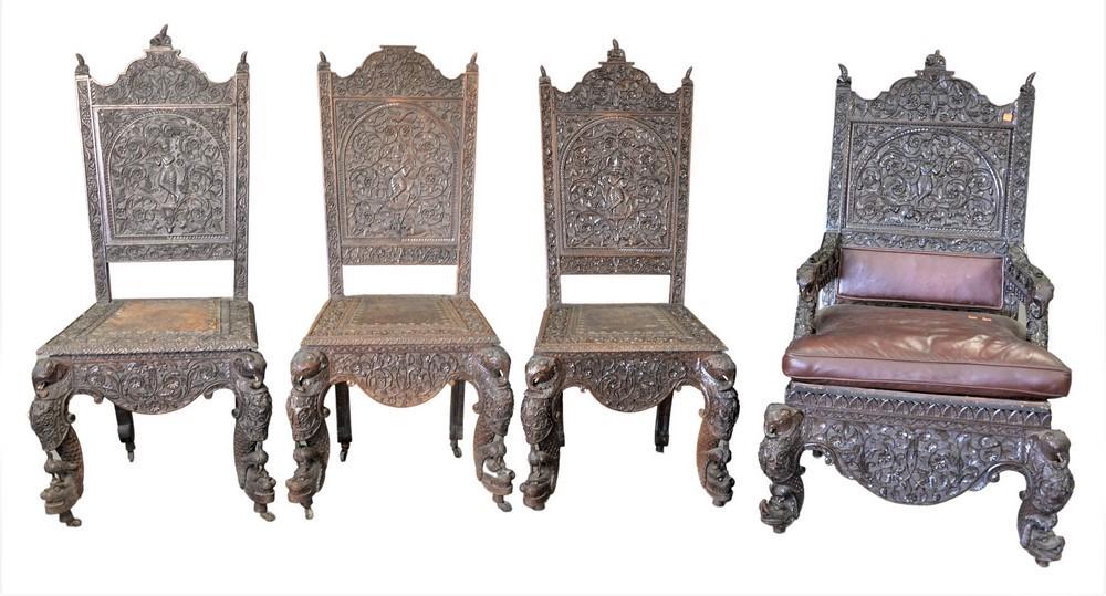 Set of Four Anglo-Indian Chairs, to include three side chairs; along with one armchair with (1 of 4)