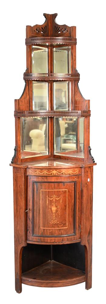 Inlaid Rosewood Corner Cabinet, late 19th/early 20th century, having three tiers with a mirrored (1 of 4)