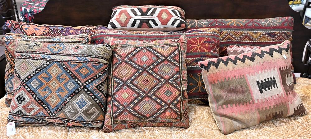 10 Pillows Made of Oriental Bag Faces, along with three early wall hangings. (1 of 5)