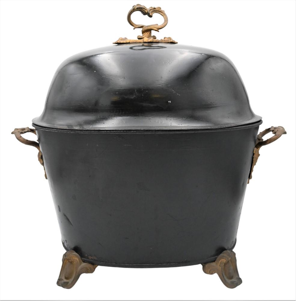 Coal Hod, black painted tole having mounted handles and feet, height 24 inches, width 24 inches. (1 of 4)