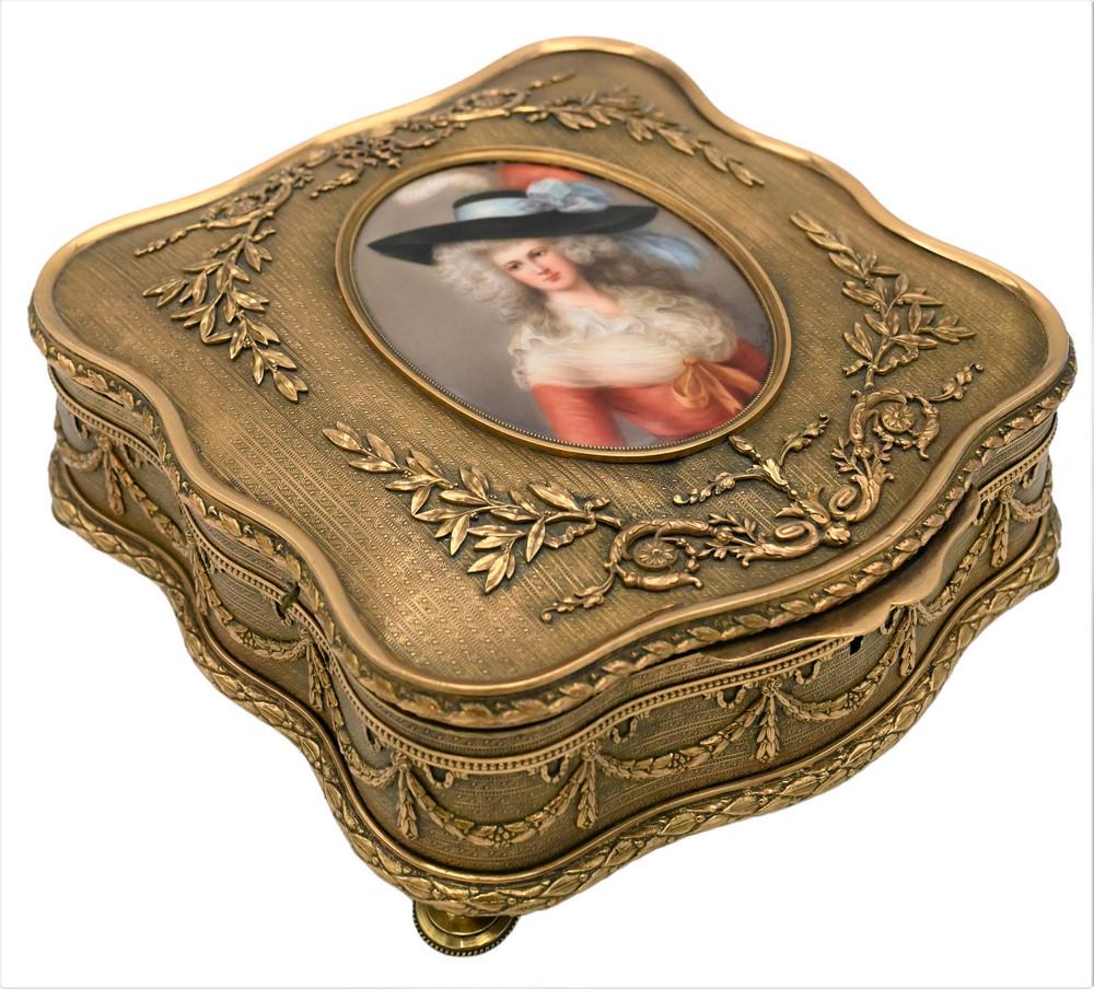 Large French Dore Bronze Box, square form with oval plaque of Lady Laurence, signed Wagner, height 3 (1 of 5)