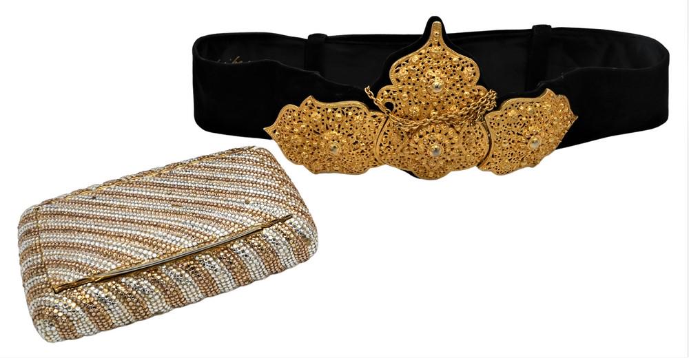 Judith Leiber Two Piece Lot, to include jeweled clutch along with a leather belt with mounts; both (1 of 4)