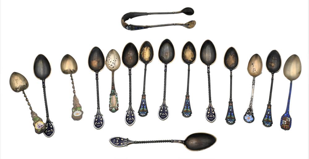 16 Piece Sterling Silver and Enamel Spoons, along with tong set; largest in length 5 inches; 6.520 (1 of 5)