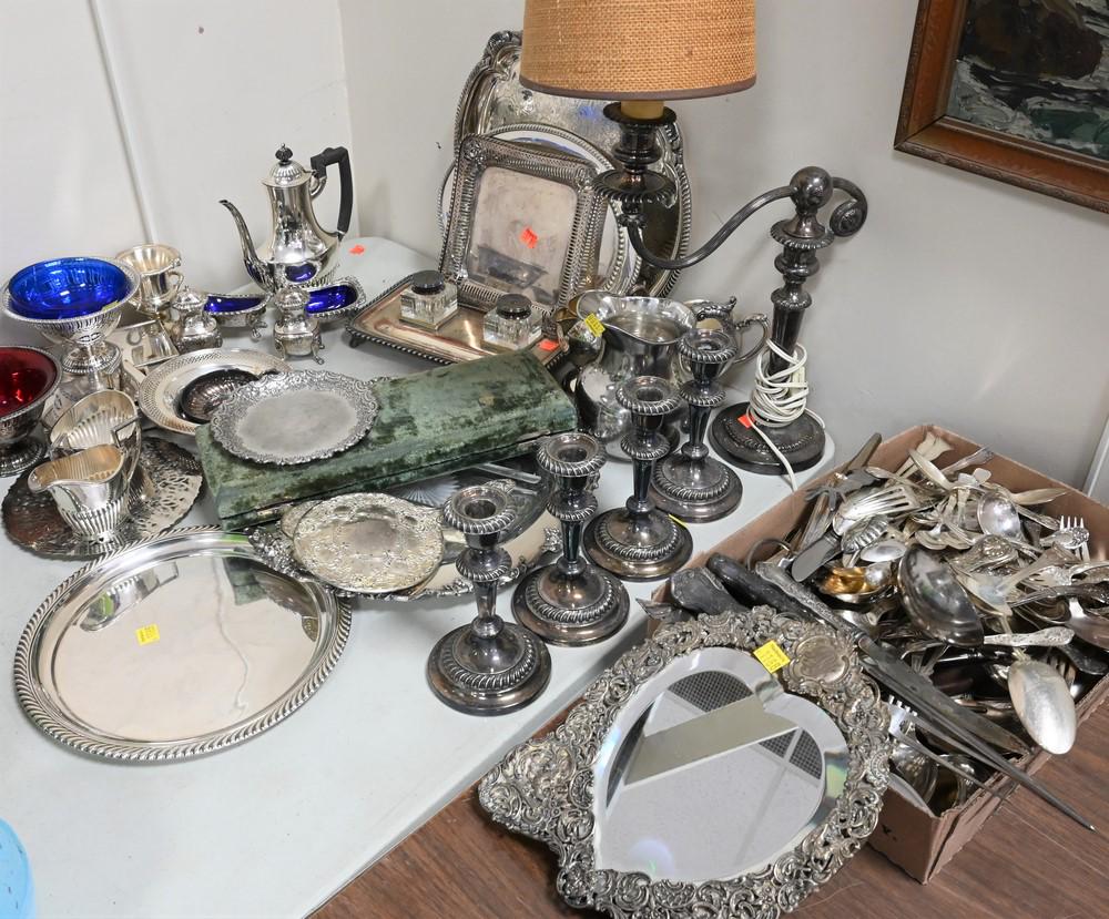 Large Group of Silverplate, to include flatware, bowls, tea sets, platters, ink well, set of four (1 of 5)