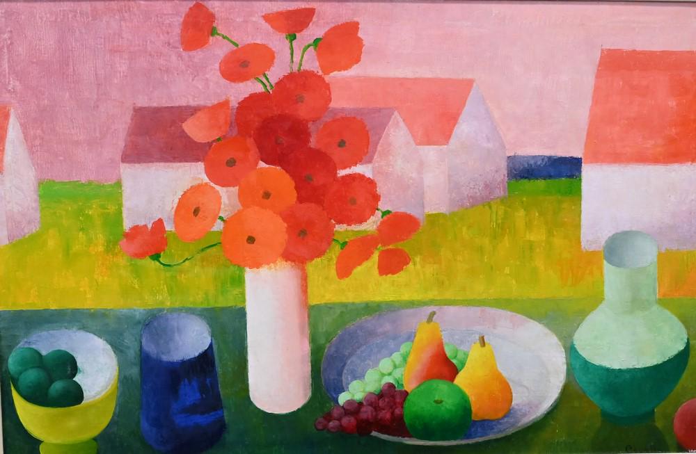 Emile Courtin (1923 - 1997), oil on canvas, still life of fruit and flowers with pink and red houses (1 of 4)