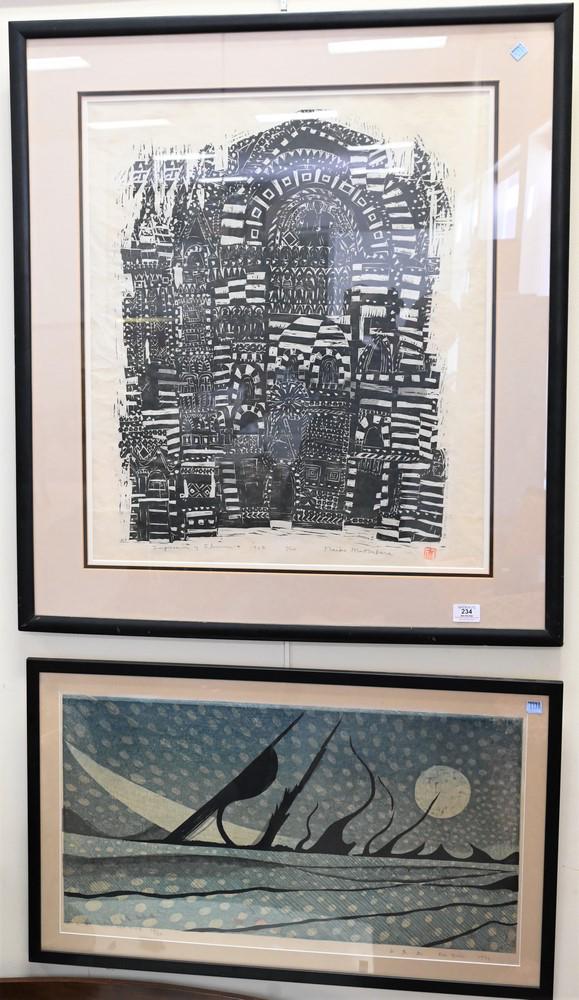 Lot of Two Woodblocks, to include a Rei Yuki Japanese Woodblock Print, titled Night and Wind, pencil: Lot of Two Woodblocks, to include a Rei Yuki Japanese Woodblock Print, titled Night and Wind, pencil signed and dated 1966, edition 12/30, sight size 15" x 27"; along with a Naoko Matsubara woodcut, I