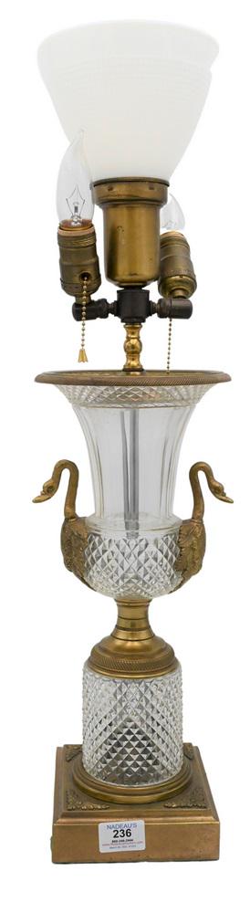 Baccarat Crystal Urn Form Table Lamp, having urn mounted with swan handles on cylindrical base and (1 of 4)