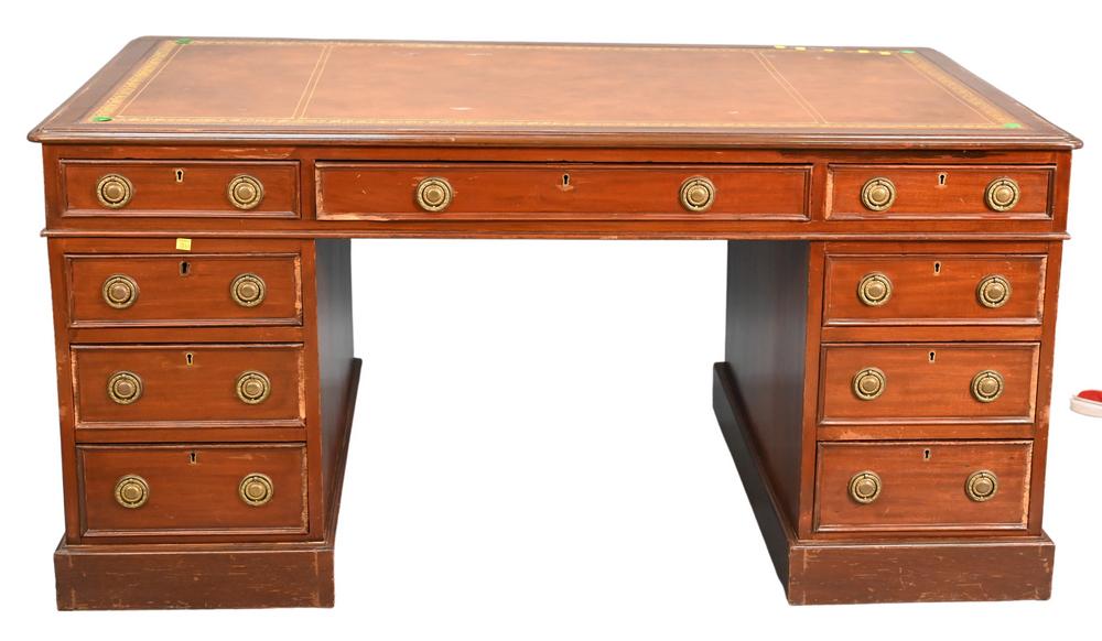 George IV Mahogany Partners Desk, in three parts, having tooled leather top, one side having doors, (1 of 4)