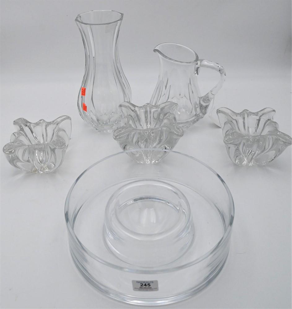 Six Piece Baccarat Lot, to include three freeform bowls, tallest 4 1/4 inches; a crystal vase; (1 of 4)