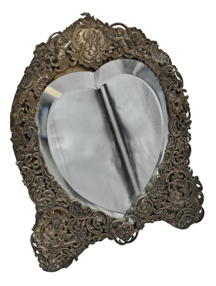 Silver Heart Shaped Framed Mirror with Putti's, height 10 1/2". (1 of 4)