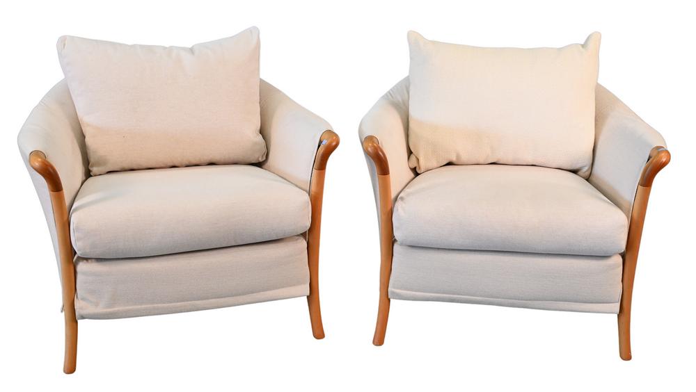 Pair of Umberto Asnago for Giorgetti Upholstered Chairs, having exposed wood arms, seat height 17 (1 of 4)