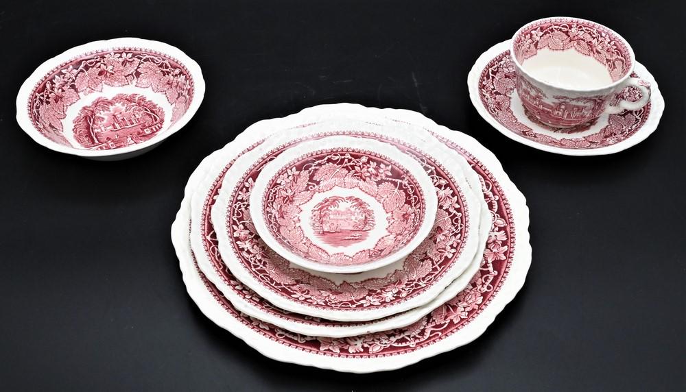 Mason Red and White "Vista" Dinnerware Set, to include 15 serving pieces; 12 small dishes; 11 dinner (1 of 7)