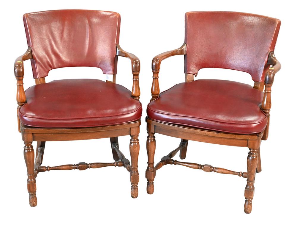 Set of Six Office Chairs, having leather back vinyl seats over newer caned seats, circa 1940. (1 of 4)