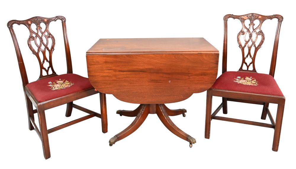 Three Piece Lot, to include a mahogany Duncan Phyfe style drop leaf table, along with a pair of: Three Piece Lot, to include a mahogany Duncan Phyfe style drop leaf table, along with a pair of mahogany Chippendale style side chairs, height 29 inches, top 21" x 36".