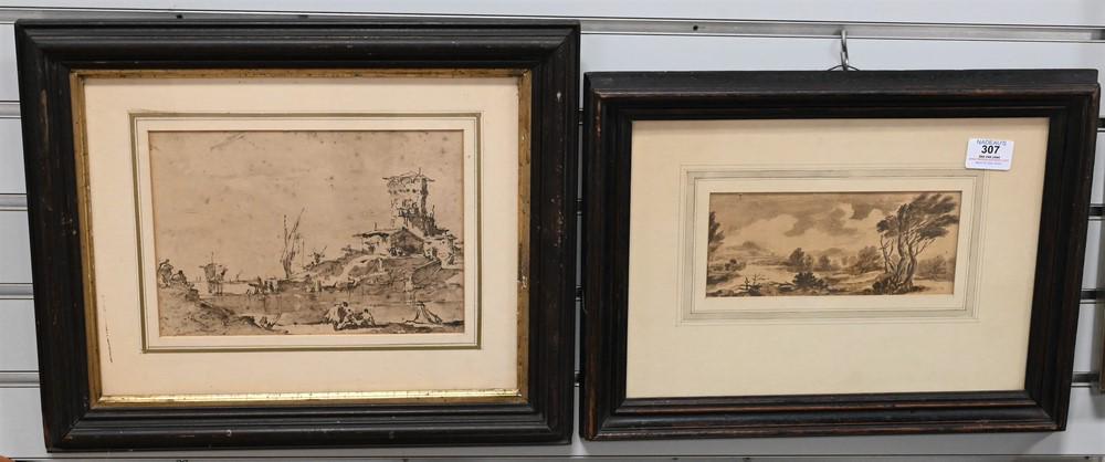 Two Early Watercolors of Landscapes, to include one of a castle with figures, 7" x 9 1/2"; along (1 of 5)