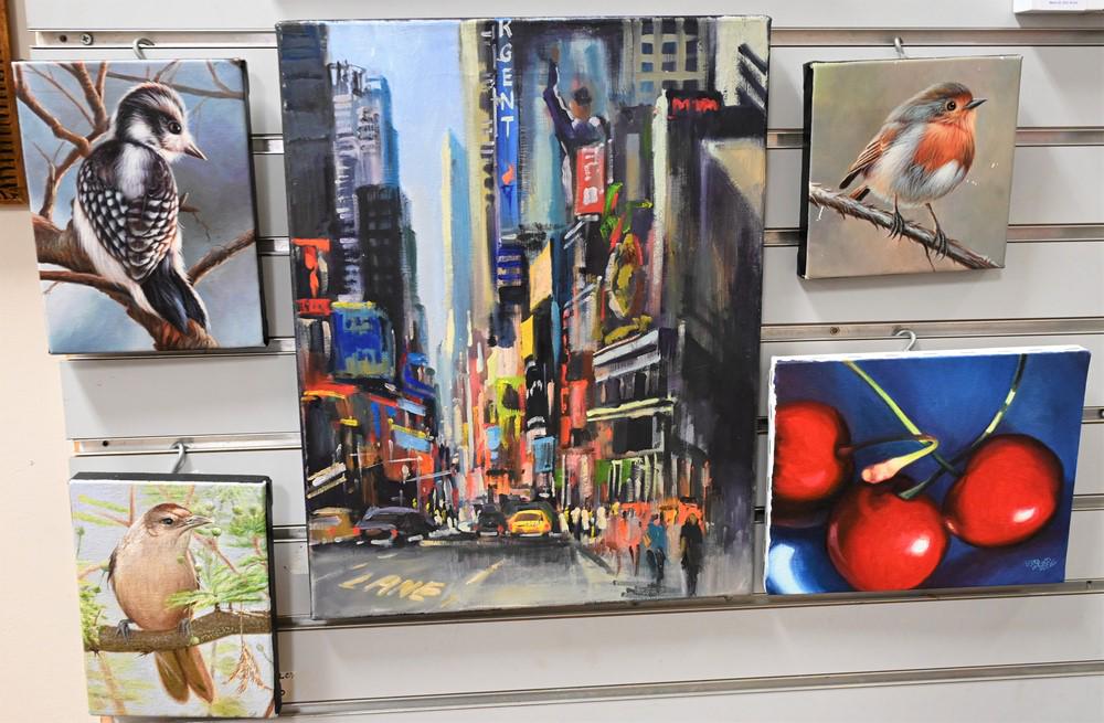 Large Group Lot of Art, to include four David Newell Trompe-l'oeil style oil on boards, all signed; (1 of 5)