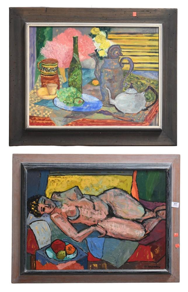Two Isabelle T. Farrington (1917 - 2021) Paintings, to include still life of table top, oil on: Two Isabelle T. Farrington (1917 - 2021) Paintings, to include still life of table top, oil on canvas, 20" x 25"; along with a reclining nude figure, 1960, New Haven Festival of Arts label on back, 20