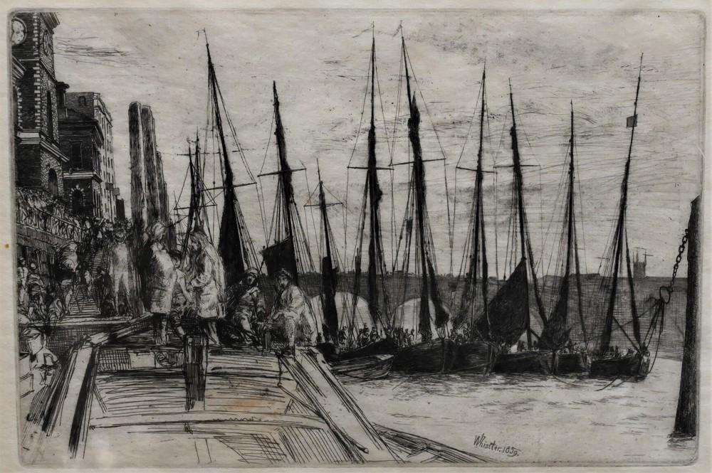 James McNeill Whistler (American, 1834 - 1903) Etching, "Billingsgate" 1859, marked Whistler 1859, 5: James McNeill Whistler (American, 1834 - 1903) Etching, "Billingsgate" 1859, marked Whistler 1859, 5 7/8" x 8 7/8".