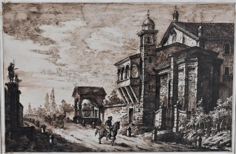 Brown Wash Drawing, castle, 19th century, signed ORSI 1834, 7 1/2" x 10 3/4". (1 of 4)