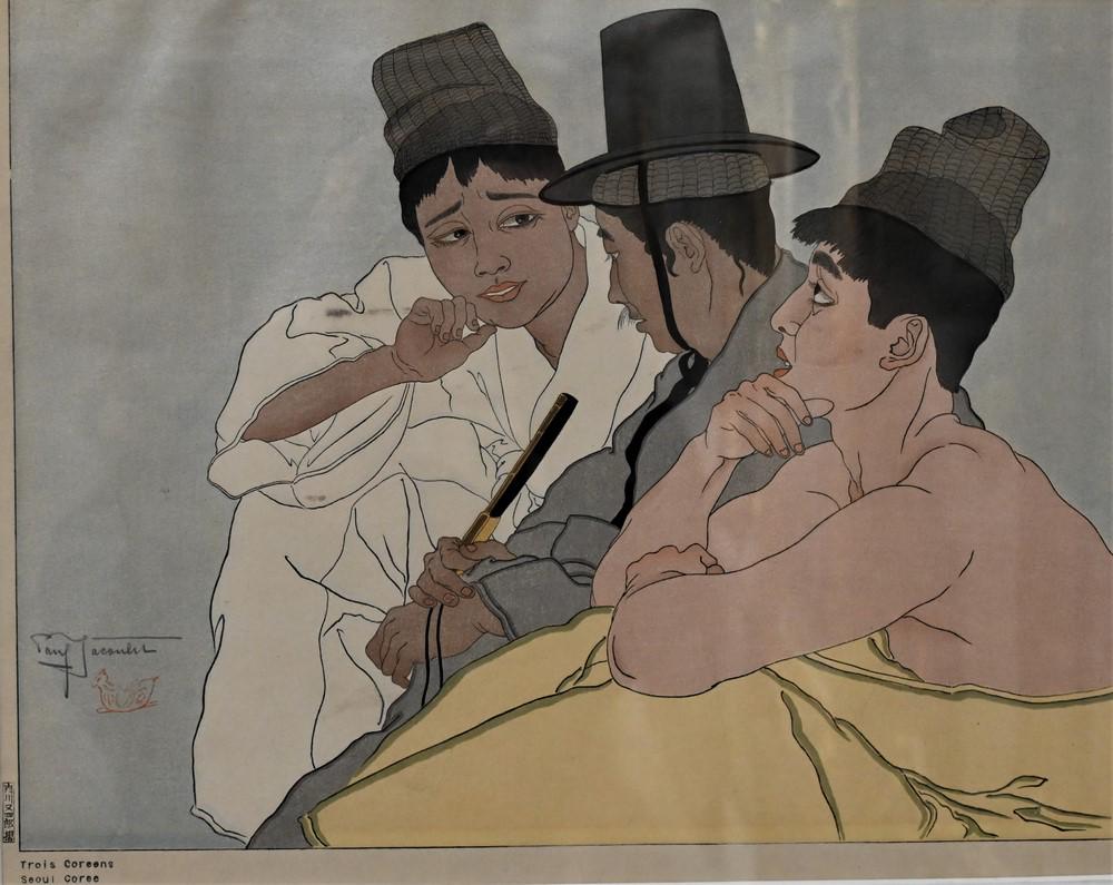 Paul Jacoulet (1902 - 1960) Woodblock Print, Trois Coreens, Seoul, Coree, pencil signed lower left, (1 of 3)