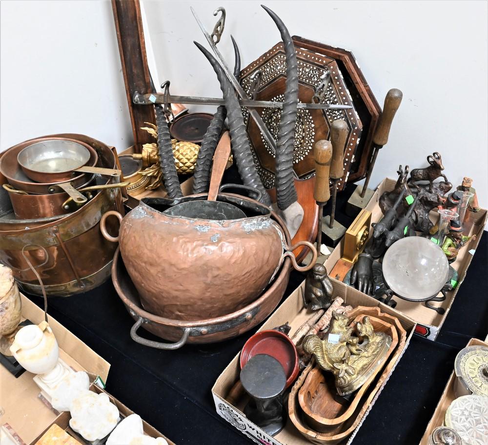 Assorted Group of Items, to include copper pots and pans, carved wood stands, ram's antlers, cross (1 of 5)