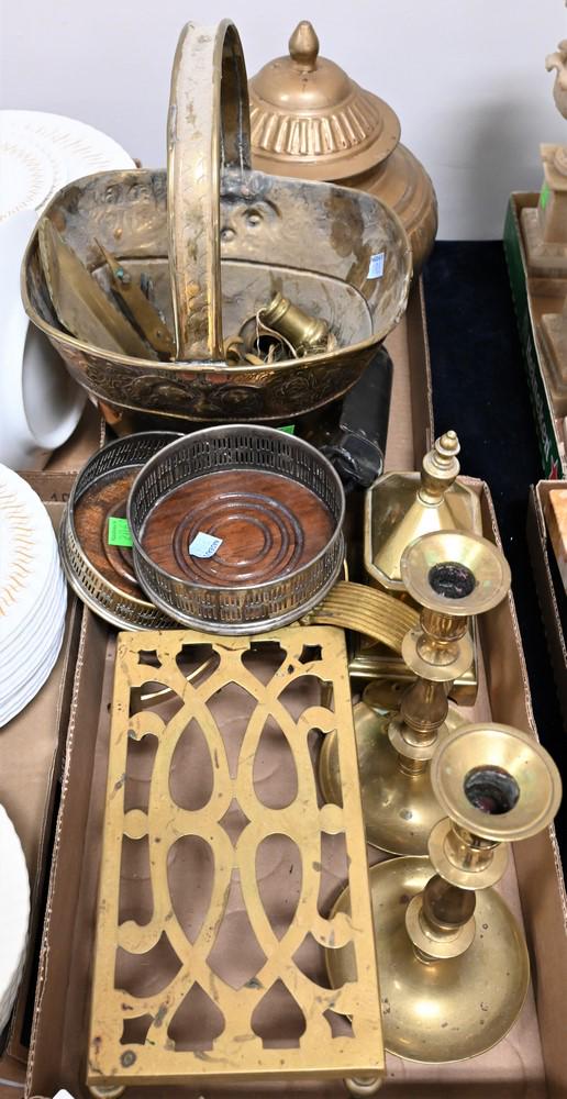 Brass Lot, to include candlesticks, brass covered box, covered urn, reticulated stand, boboches, jam (1 of 3)