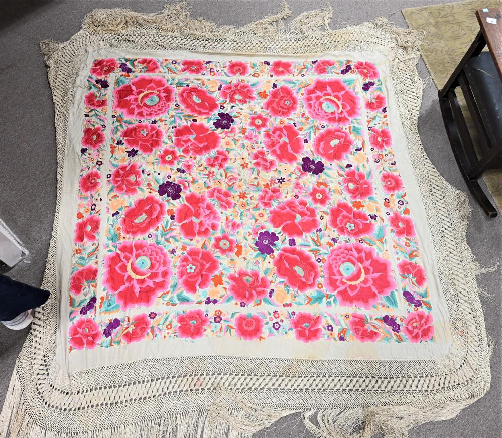 Chinese Silk Embroidered Piano Shawl, having large flowers, approximately 6' 3" x 6' 5". (1 of 4)