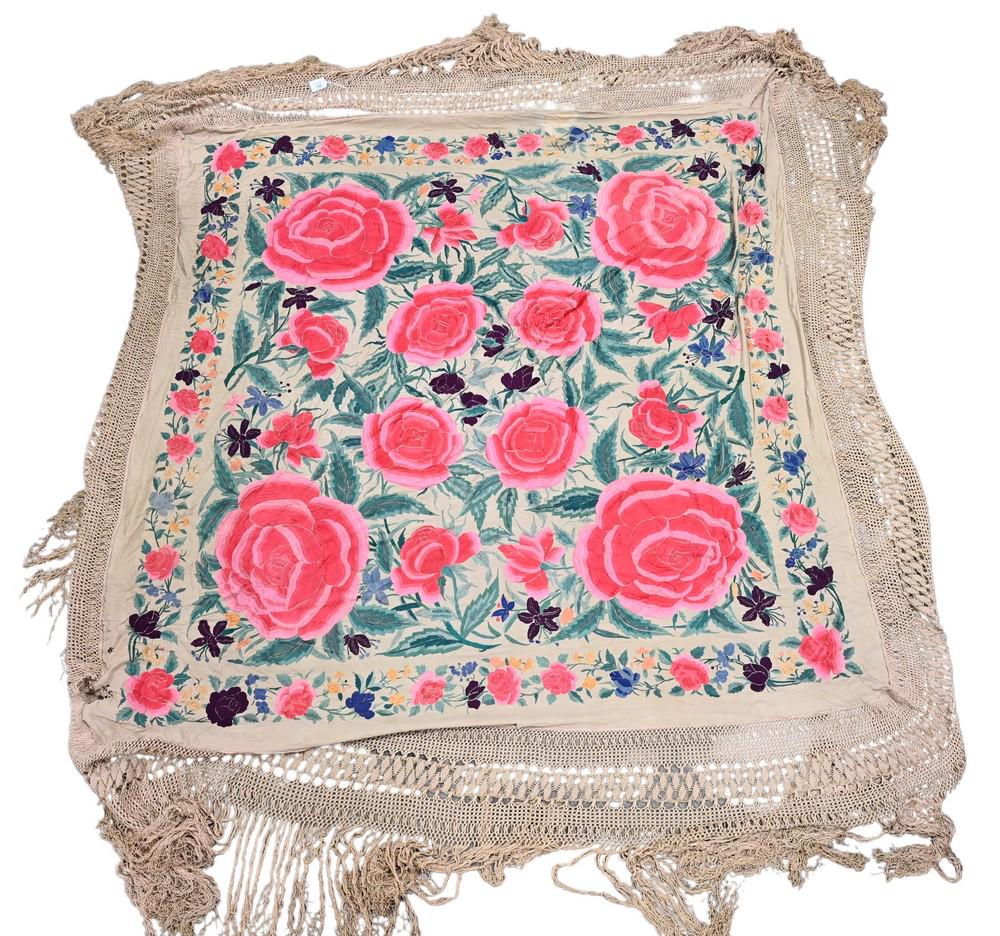 Chinese Silk Embroidered Piano Shawl, approximately 6' 5" x 6' 7".: Chinese Silk Embroidered Piano Shawl, approximately 6' 5" x 6' 7".