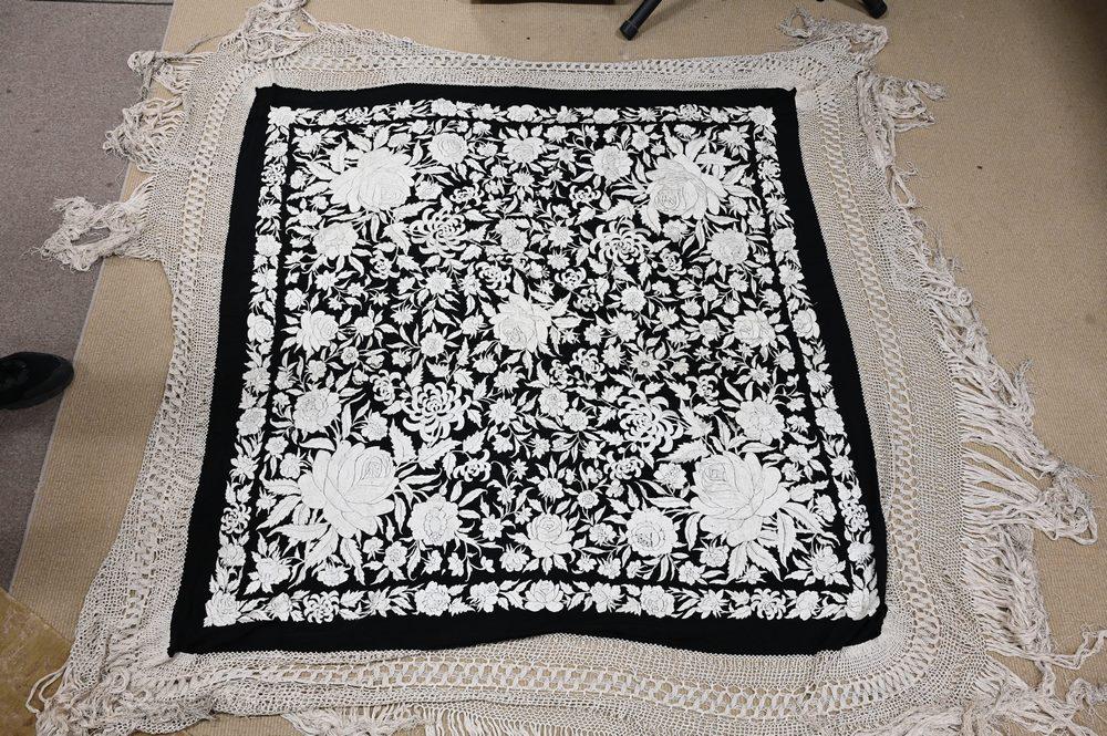 Two Embroidered Silk Piano Shawls, to include one with large flowers; one with black ground and one (1 of 5)