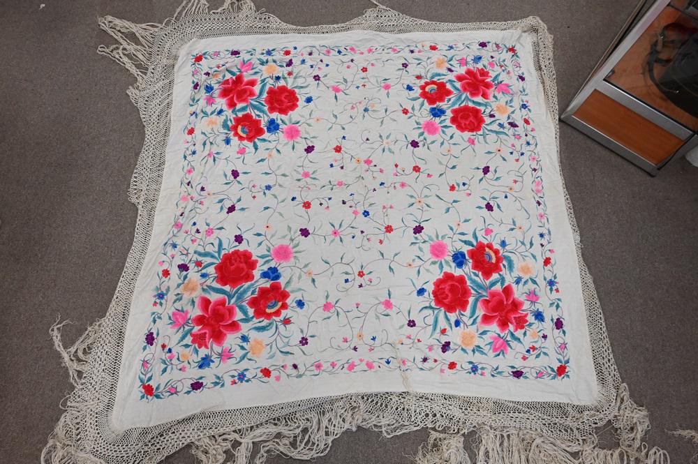 Two Chinese Silk Embroidered Piano Shawls, approximately 6' 3" x 6' 3" and 5' 5" x 5' 8". (1 of 4)