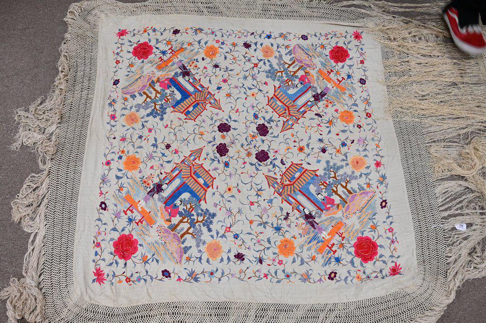 Chinese Silk Embroidered Piano Shawls, having Oriental scenes and flowers, approximately 5' x 5'. (1 of 4)