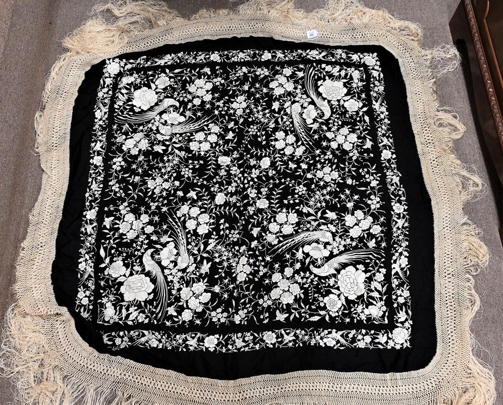 Chinese Silk Black Embroidered Piano Shawl, having birds and flowers, approximately 4' 10" x 4' 10". (1 of 4)