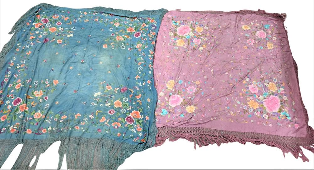 Two Chinese Silk Embroidered Piano Shawls, approximately 5' 3" x 5' 6" and 5' 3" x 5' 6". (1 of 4)