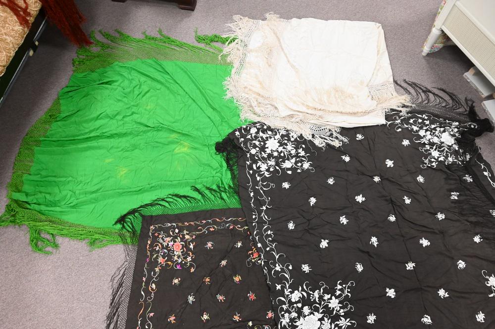 Four Piece Lot, to include three embroidered shawls, along with one silk embroidered scarf, largest (1 of 5)