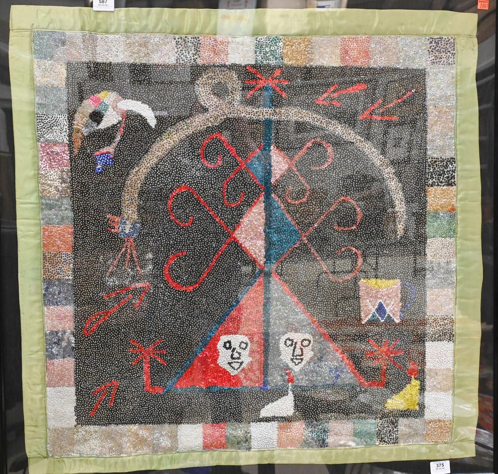 Haitian Beaded Voodoo Drapeau, having green silk border, 30" x 30".: Haitian Beaded Voodoo Drapeau, having green silk border, 30" x 30".