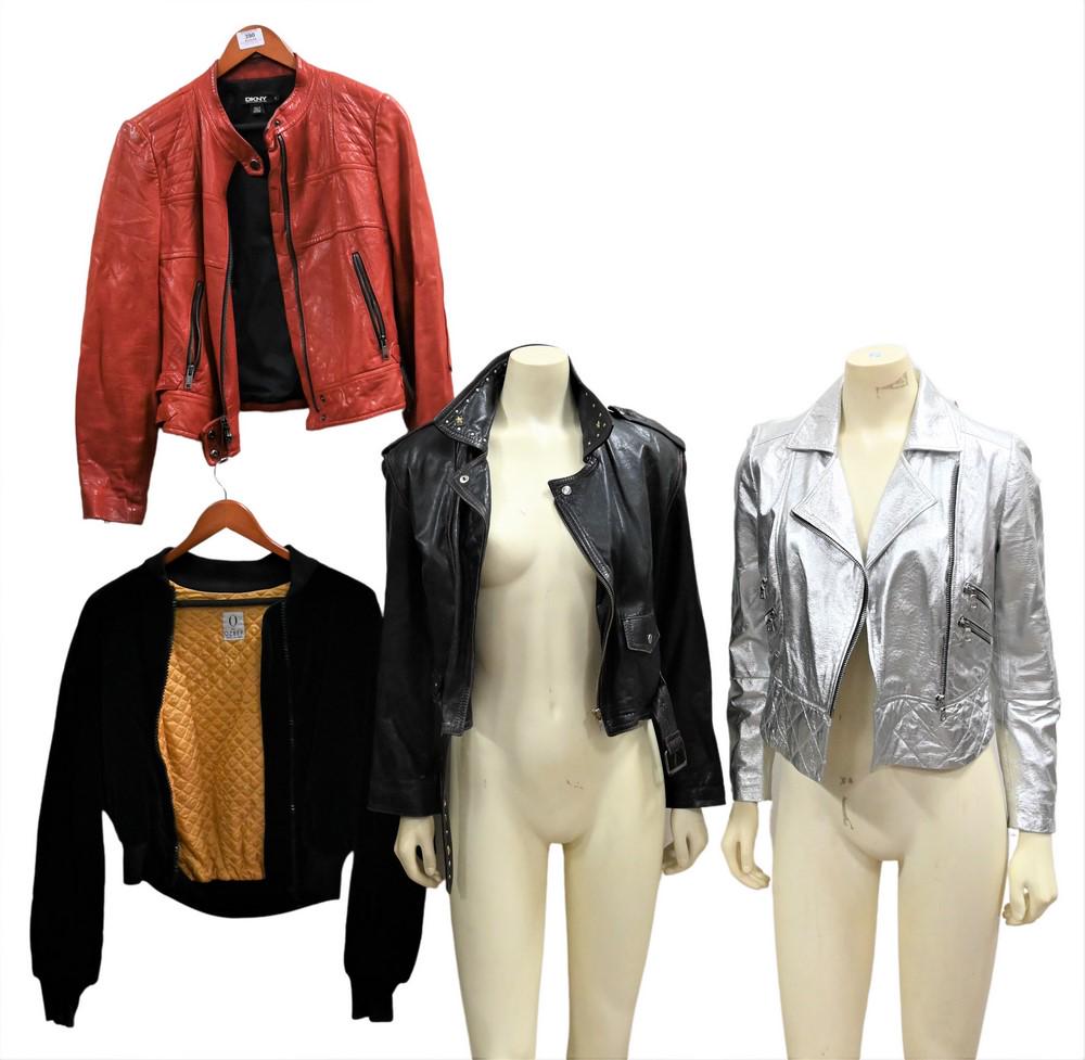 Four Women's Jackets, to include DKNY red leather, Preen Line, a leather motorcycle jacket, along (1 of 5)