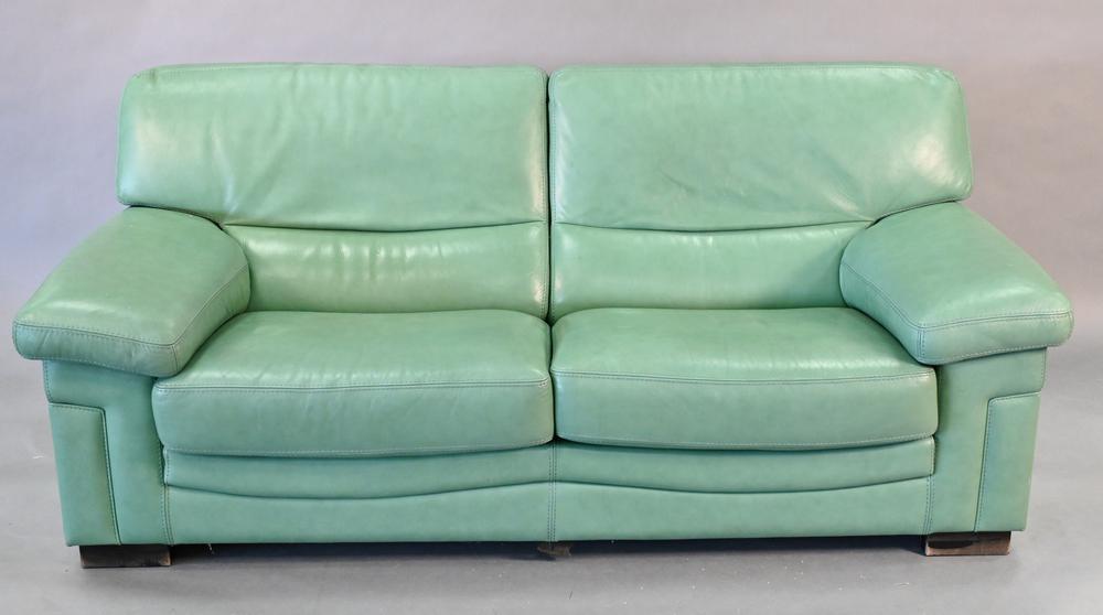 Roche Bobois Green Leather Sofa, length 76 inches. (1 of 4)