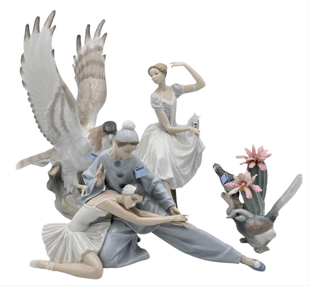 Five Lladro Porcelain Figures, to include two ballerina's, height 11 inches; two birds; along with a (1 of 7)