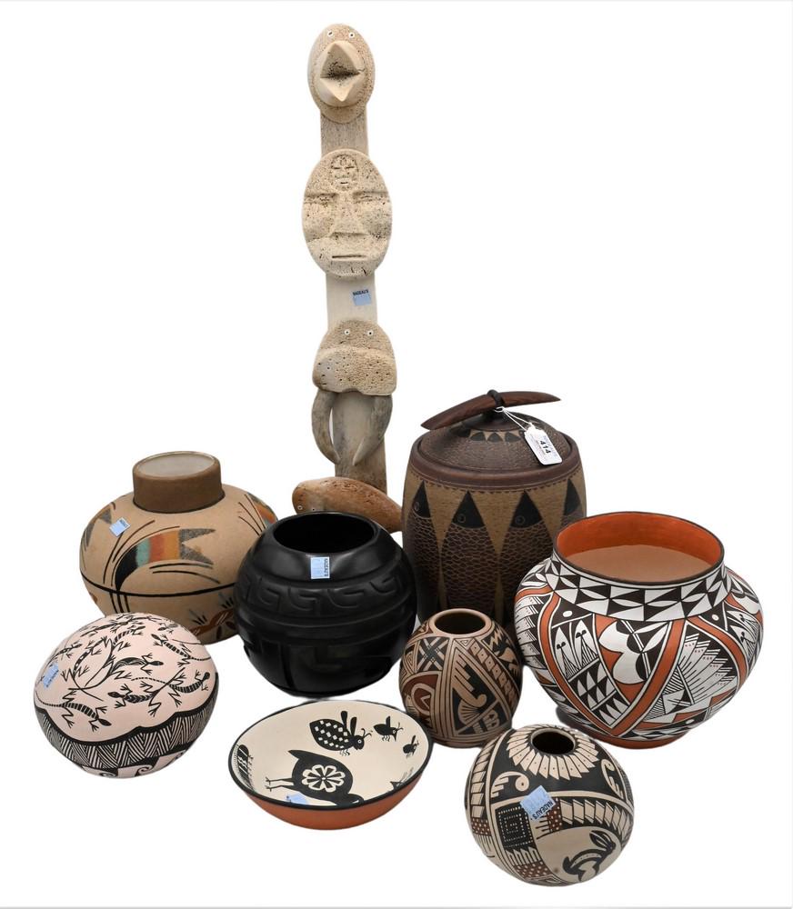 Group of Southwest Items, to include pottery vases, Ron Ekemo whale bone totem pole, Rose Lewis: Group of Southwest Items, to include pottery vases, Ron Ekemo whale bone totem pole, Rose Lewis Santa Clara black pottery vase marked M.Leno Acoma pot, etc.; tallest 24 1/2 inches.