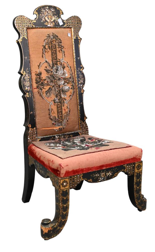 Chinese Paper Mache and Mother of Pearl Inlaid Side Chair, having needlework upholstery and turned: Chinese Paper Mache and Mother of Pearl Inlaid Side Chair, having needlework upholstery and turned front feet, height 40 inches, seat height 13 1/2 inches.