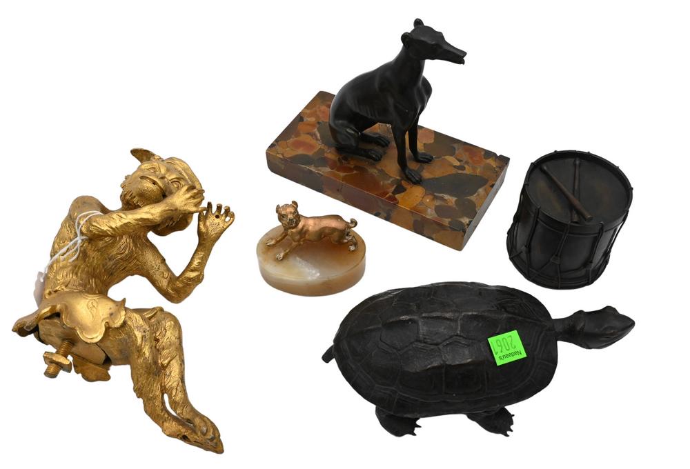 Five Piece Bronze Lot, to include two dogs; drum; gilt bronze monkey; along with a turtle, length 7 (1 of 5)