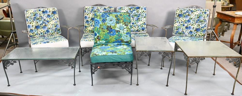 Eight Piece Outdoor Patio Set, to include two armchairs, three-part sofa (all with cushions), along (1 of 4)