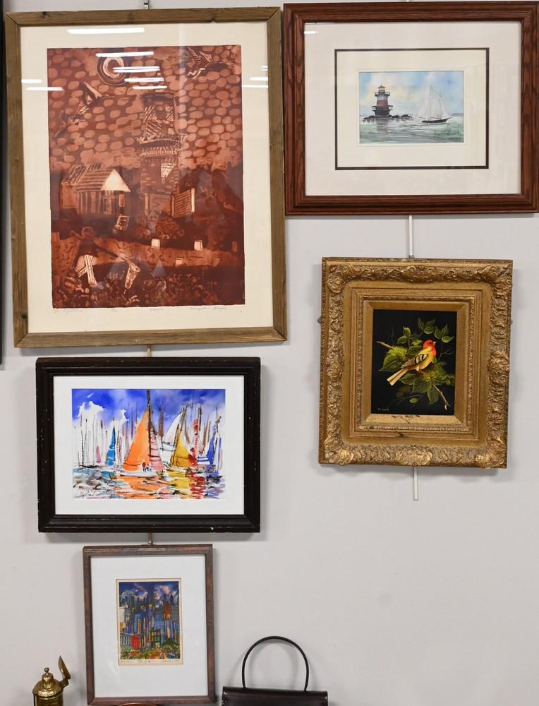 Seven Piece Lot, to include large pastel, signed illegibly; Bill Steeves watercolor, harbor; Danish (1 of 5)