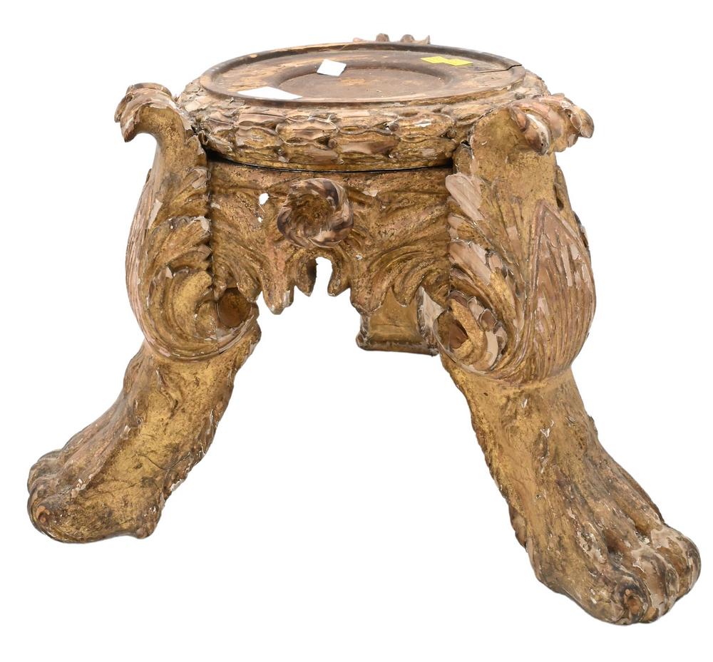 Carved and Gilt Gesso Stand, having three legs with paw feet, acanthus skirt, height 12 inches.: Carved and Gilt Gesso Stand, having three legs with paw feet, acanthus skirt, height 12 inches.