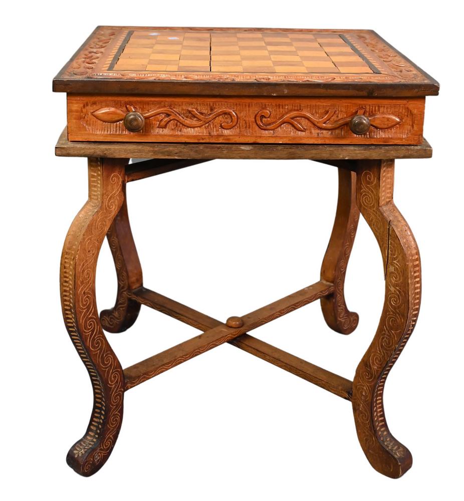 Gaming Table, having inlaid square, two drawers, two sets of chess men, one wood and one ceramic, (1 of 8)