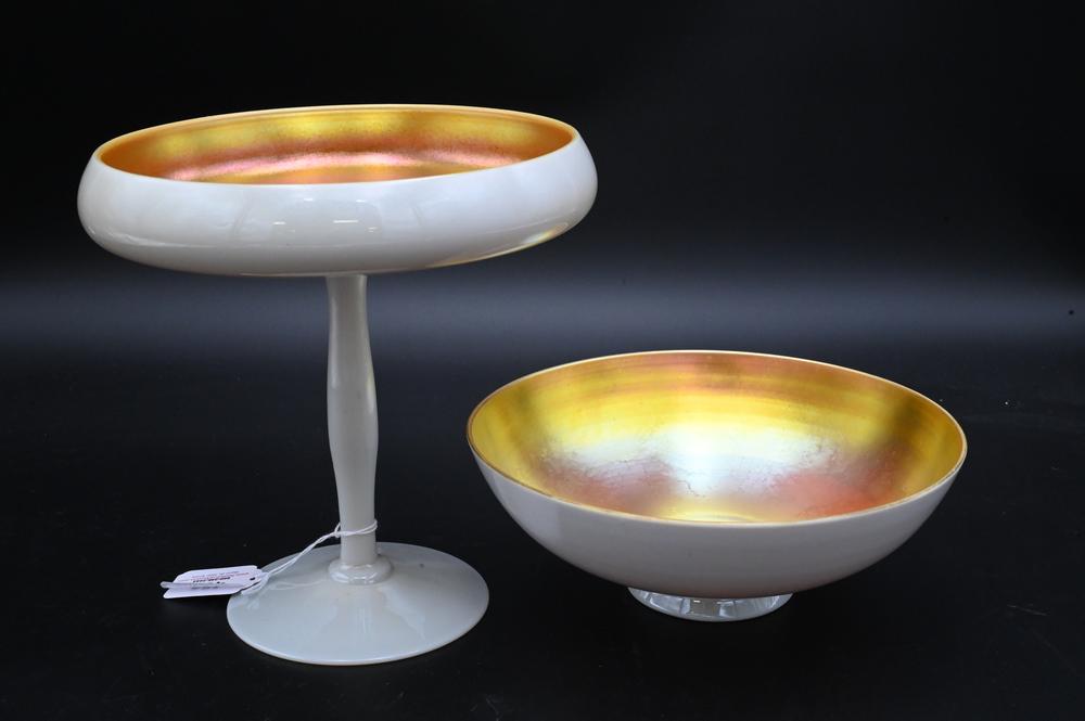 Two Piece Lot of Steuben, to include compote and bowl, each with gold iridescent interiors; diameter (1 of 5)