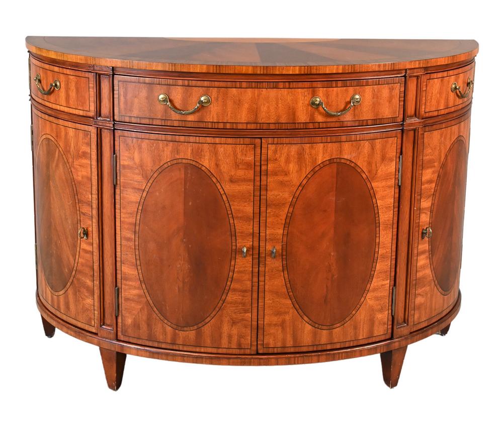 Ethan Allen Demilune Server, having drawers, doors, and inlaid top, height 35 1/2 inches, top 19" x (1 of 4)