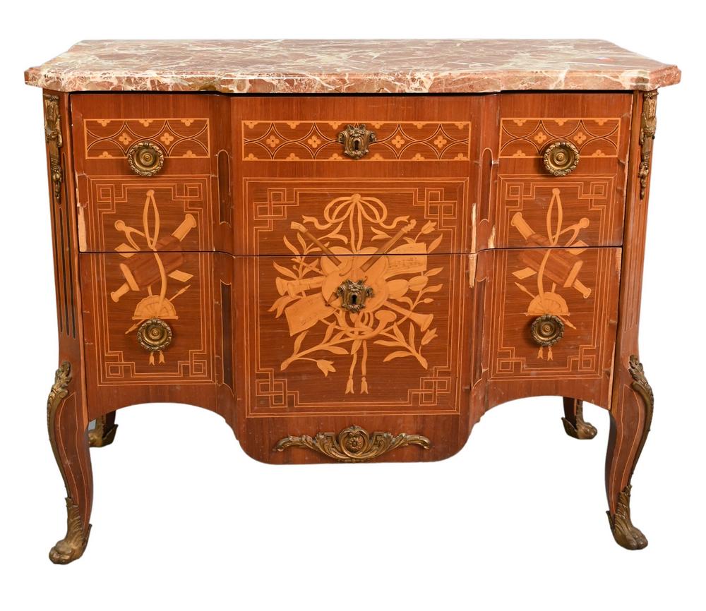 Louis XV Style Commode, having marble top, (veneer chips), height 34 inches, top 19" x 42".: Louis XV Style Commode, having marble top, (veneer chips), height 34 inches, top 19" x 42".