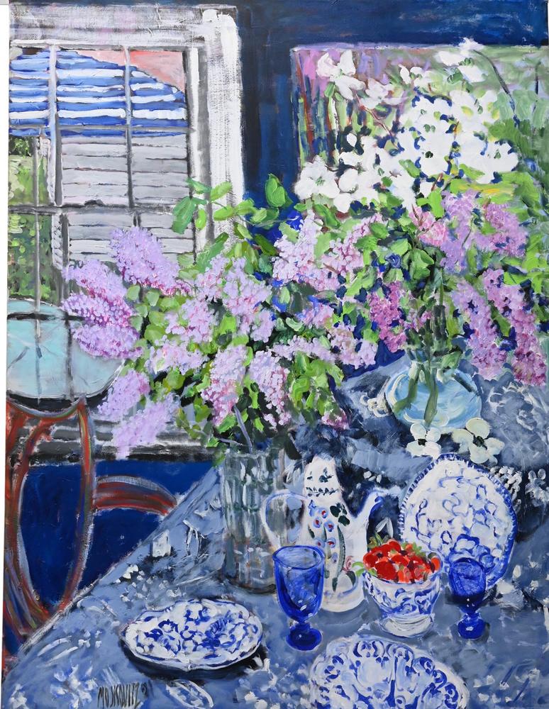 David Moskovitz (b. 1944), oil on canvas, still life, tabletop with dinnerware and flowers, (1 of 5)