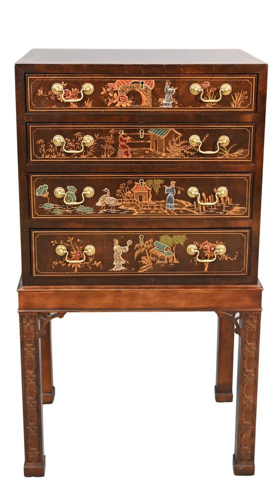 Asian Style Chest on Stand, having four graduated drawers raised on Chinese Chippendale base, 20th (1 of 3)